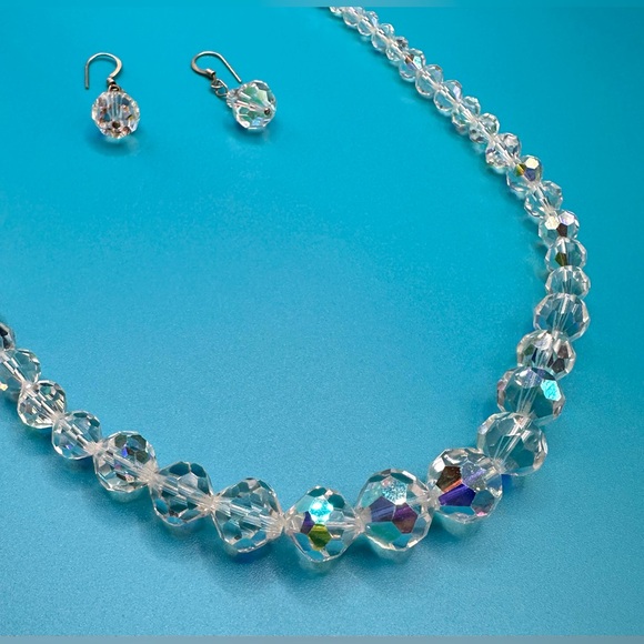 Vintage 1950s Aurora Borealis Faceted Bead Necklace Pierced Earring Set - Picture 8 of 12
